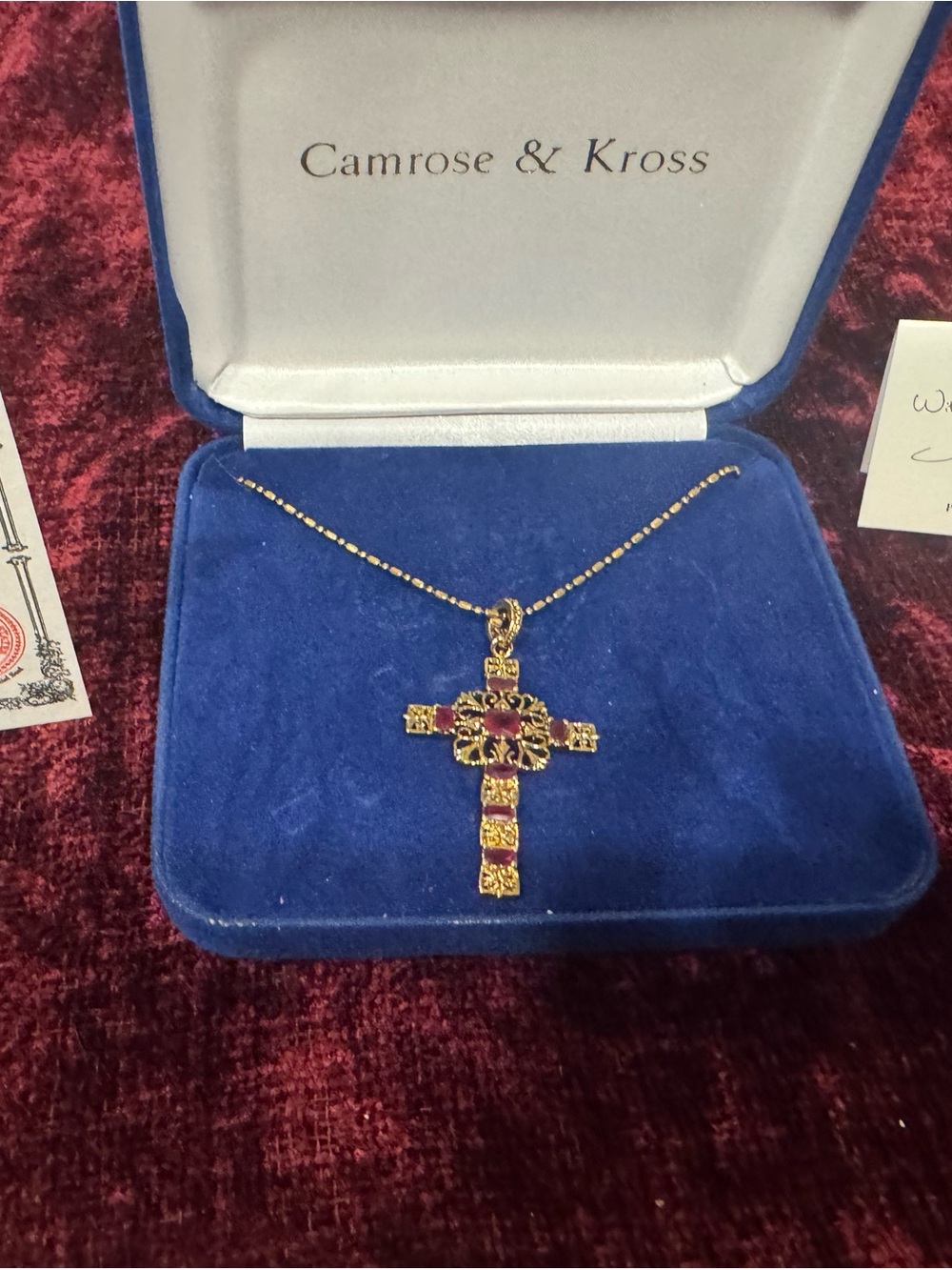 Gold Cross Necklace with Red Stones